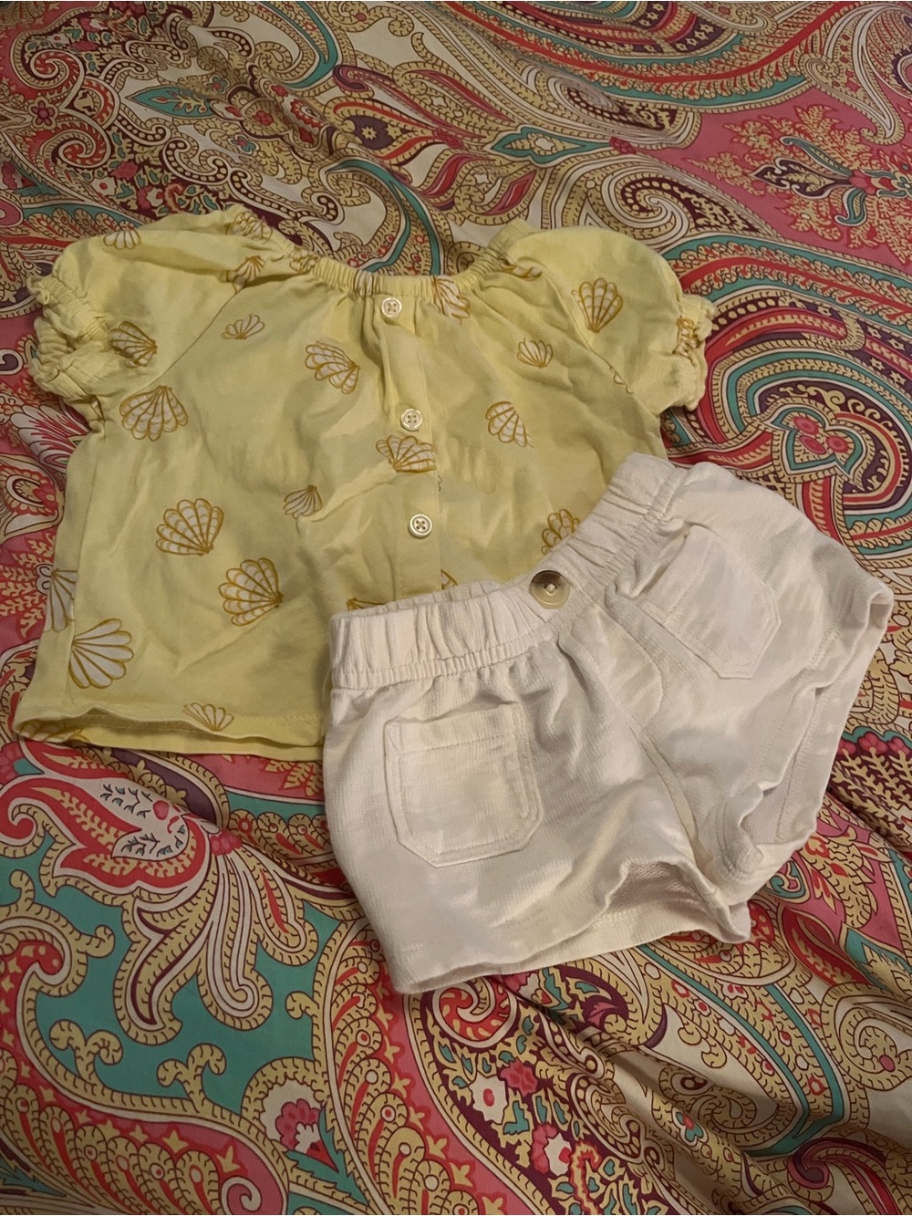 Carter's Yellow Shell-Print Puff Sleeve Top with White Elastic-Waist Shorts